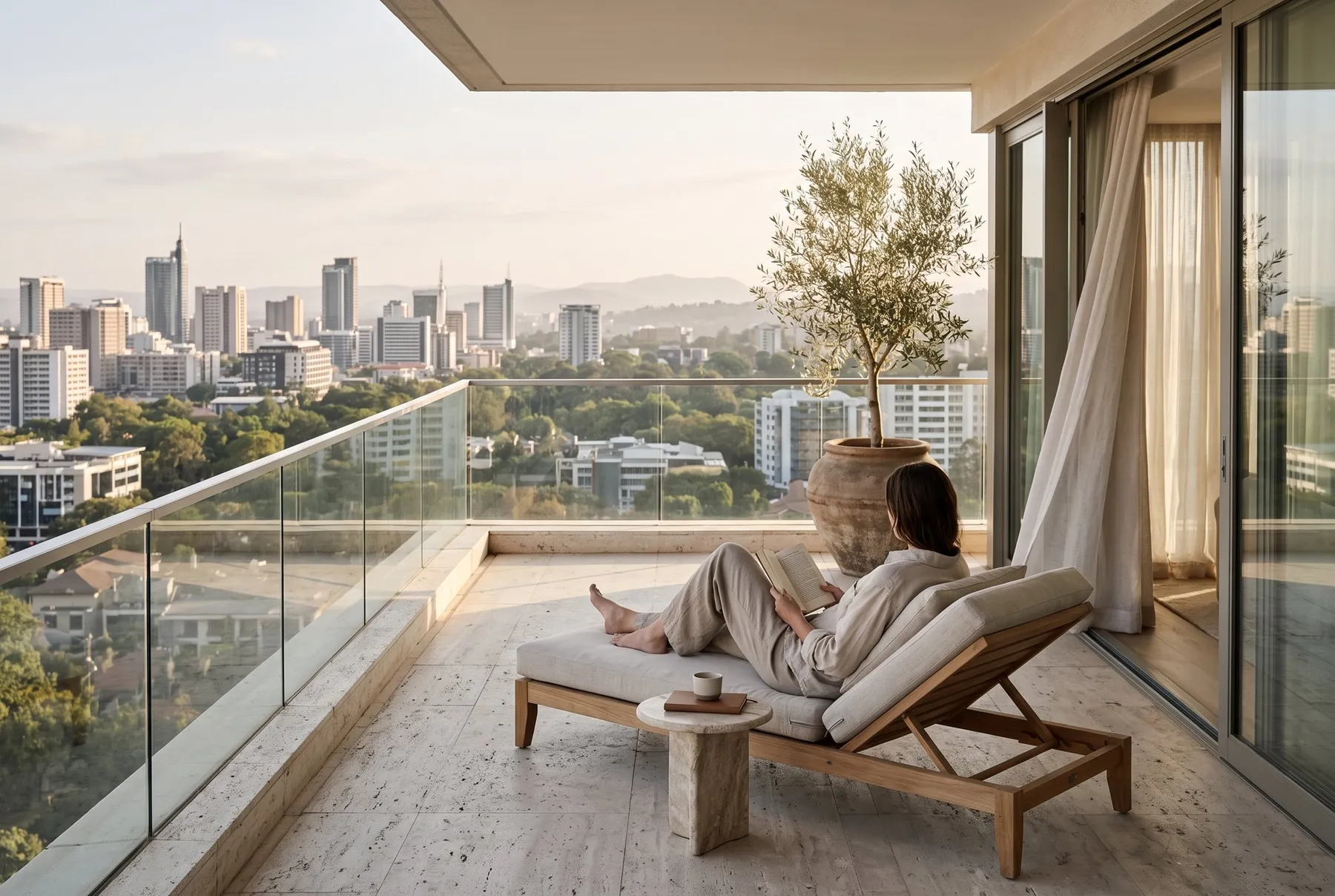 Shaded terrace of a contemporary building overlooking greenery